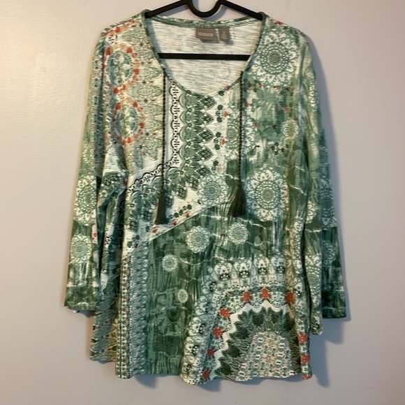 Chico’s Boho Design Tassel Tie 3/4 Sleeve T-shirt size 2 (L/12) - Picture 1 of 16